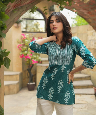 KANCH CREATION Women Printed Straight Kurta(Dark Green, White)