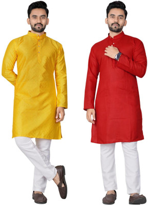 DHASU TRENDZ Men Solid Straight Kurta(Red, Yellow)