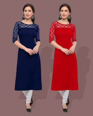 Maheshvi Women Self Design Straight Kurta(Dark Blue)