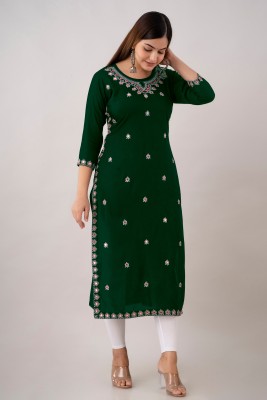 HouseOfCommon Women Embroidered Straight Kurta(Green)