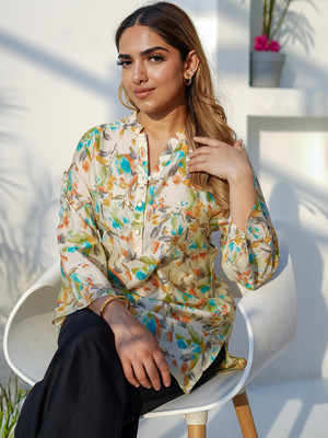 LIBAS Women Printed A-line Kurta(Beige)