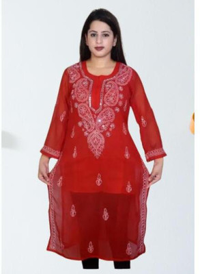 Khan SherajEnp Women Embroidered Straight Kurta(Red)