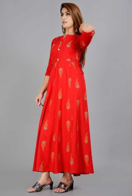 angrakhi Women Printed Flared Kurta(Red)
