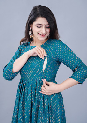 Kalwaniya Women Printed Gown Kurta(Blue)