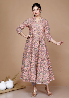 ANGIYA Women Floral Print Anarkali Kurta(Orange)