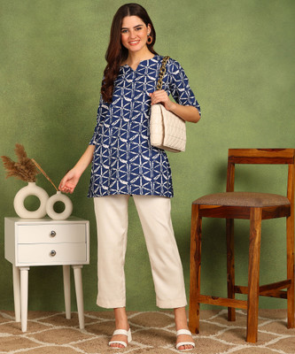 Moda Rapido Women Printed Tunic Kurta(Dark Blue)