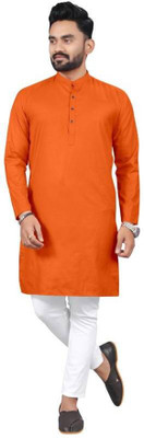 ETHNICBLISS Men Solid Straight Kurta(Orange)