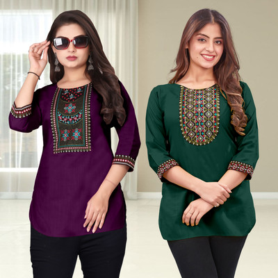 FSR Women Solid Straight Kurta(Purple, Green)