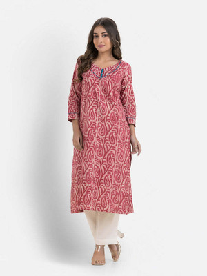 Crazy Needle Women Printed Straight Kurta(Pink)