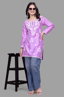 shivshakti faishon Women Chikan Embroidery A-line Kurta(Purple)