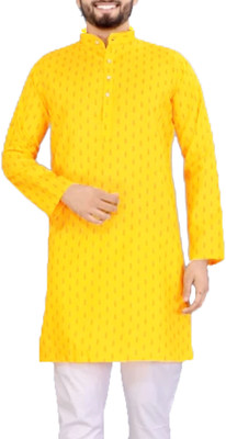 PRASUNS Men Printed Straight Kurta(Yellow)