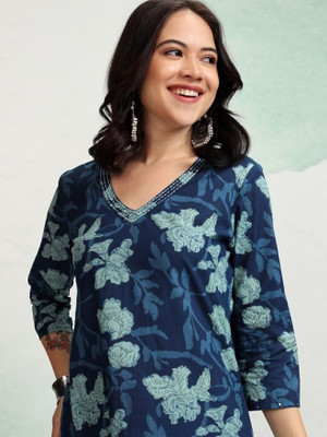 PRISCA Women Floral Print Straight Kurta(Blue)