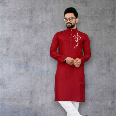 Mamta Biswas Men Printed Straight Kurta(Red)