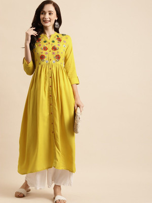 ANOUK Women Embroidered Anarkali Kurta(Yellow)