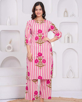 Yashukraft Women Striped, Floral Print Straight Kurta(Multicolor)