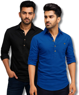 CROWNTAIL Men Solid Straight Kurta(Black, Dark Blue)