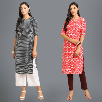 EthnicBasket Women Printed Straight Kurta(Pink, White, Black)