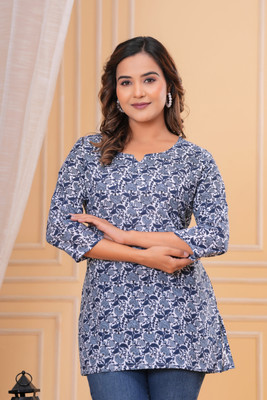 udayandsons Women Printed Straight Kurta(Blue, White)