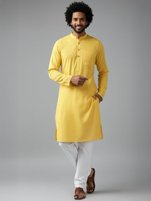 Yugnik Men Solid Straight Kurta(Yellow)