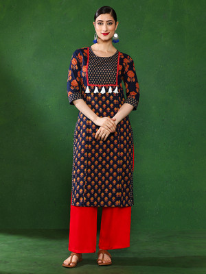 Jaipur Kurti Women Printed Straight Kurta(Red, Blue)