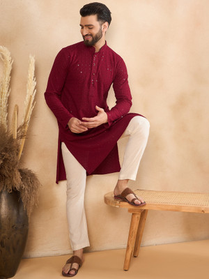 HERE&NOW Men Embroidered Straight Kurta(Maroon)