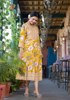 MIRCHI FASHION Women Printed, Floral Print Anarkali Kurta(Yellow, White, Grey)