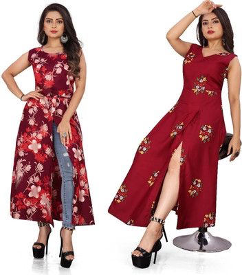Hiral Creation Women Printed, Floral Print Frontslit Kurta(Red)