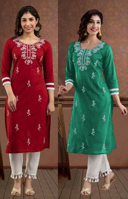 vikshi Women Chikan Embroidery Straight Kurta(Multicolor)