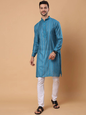 House of Pataudi Men Embroidered Straight Kurta(Blue)