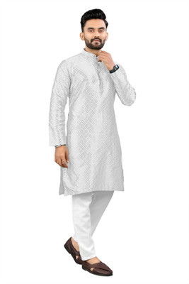 Shree Dutt Creation Men Self Design Straight Kurta(White)