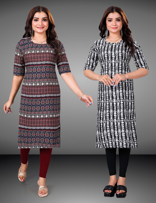 MOBHISA Women Printed Straight Kurta(Black)