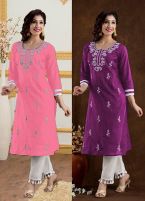 vikshi Women Embroidered Straight Kurta(Multicolor)