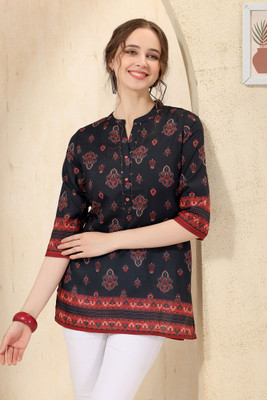 Keshubaba Women Printed Straight Kurta(Black)