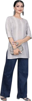 U Creationj Women Striped Trail Cut Kurta(Grey, Blue)