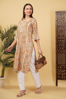 Evelynn Women Printed A-line Kurta(Beige)