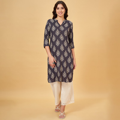 Rangmanch by Pantaloons Women Printed Straight Kurta(Grey)