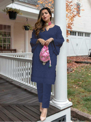 ZAZADIYA ENTERPRISE Women Chikan Embroidery Straight Kurta(Blue)