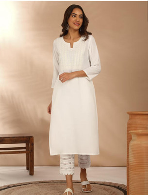 Daneen Women Embroidered Straight Kurta(White)