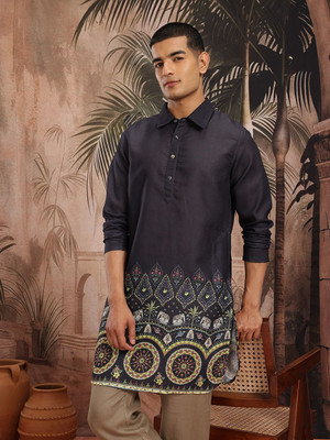 Sangria Men Printed Straight Kurta(Black)