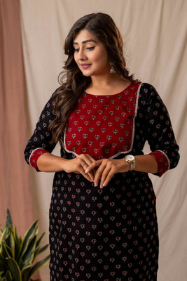 Amthi Women Floral Print A-line Kurta(Black)