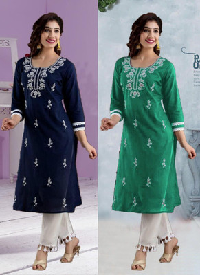vikshi Women Chikan Embroidery A-line Kurta(Blue, Green)