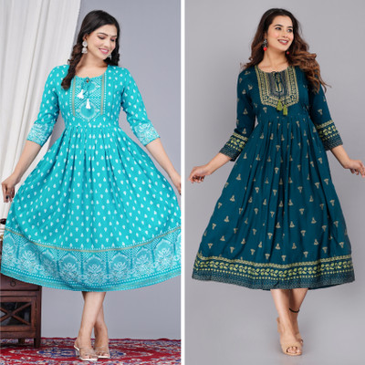 JOJO Enterprises Women Printed Anarkali Kurta(Light Blue)