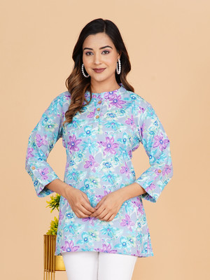 Blocks Of India Women Floral Print Cape Top Kurta(Purple, Blue)