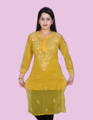 KKHANS SHERAS Women Embroidered Straight Kurta(Yellow)