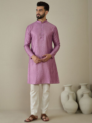 ANOUK Men Embroidered Straight Kurta(Purple)