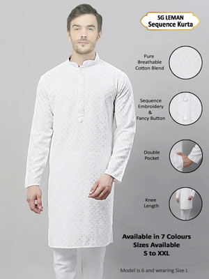 SG LEMAN Men Embroidered Straight Kurta(White)