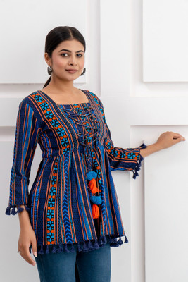 ANNU PARIDHAN Women Printed Cape Top Kurta(Dark Blue, Light Blue, Orange)