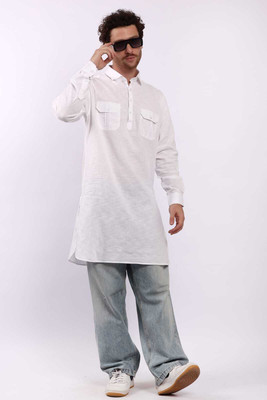 TRENDY OWL Men Solid Pathani Kurta(White)