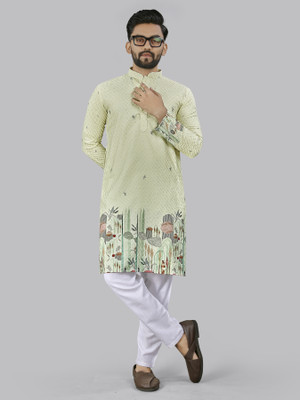 LeipZig Men Geometric Print Straight Kurta(Light Green)
