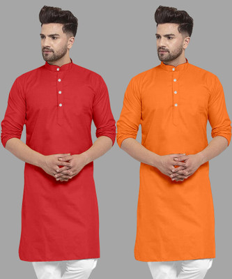 UDANIENTERPRISE Men Solid Straight Kurta(Orange, Red)